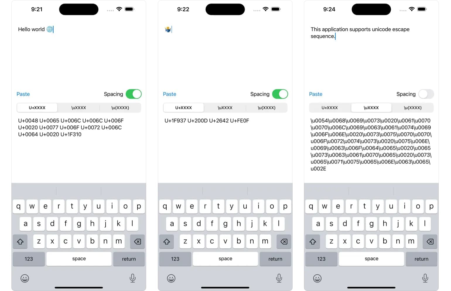text2unicode アプリのスクリーンショット。文字や絵文字から Unicode に変換された様子が写っている。